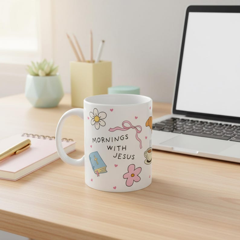 Cute white mug on a desk with pastel doodle artwork, hand-drawn illustrations of an iced coffee, pink heart, green journal, yellow flower, strawberry, and small hearts, perfect for cozy aesthetic coffee lovers