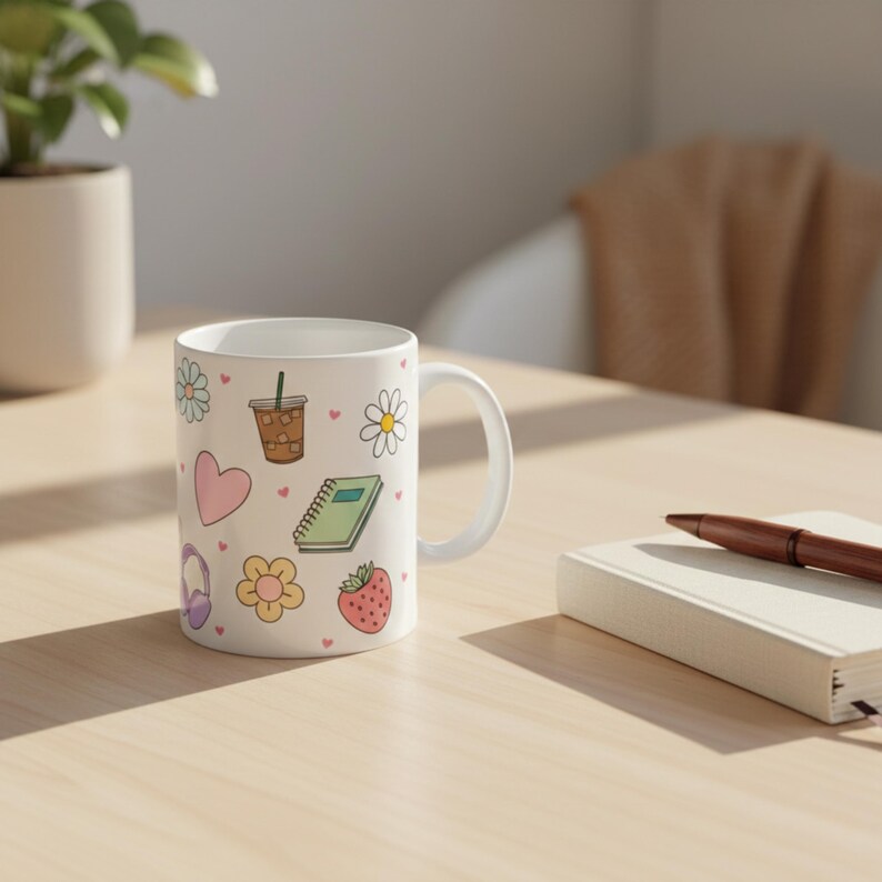 Cute white ceramic mug on a desk featuring whimsical hand-drawn pastel doodles, including an iced coffee cup, pink heart, green journal, yellow flower, strawberry, and scattered soft pink mini hearts mug for teen