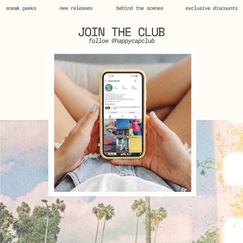 May include: A smartphone with a yellow case displaying the Instagram profile for happycapclub. The screen shows a grid of images, a profile picture with a blue and yellow logo, and the text JOIN THE CLUB and follow @happycapclub above.