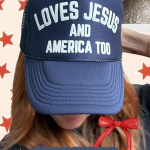 Custom Message Hat Premium Design Collection Retro Style Appeal Mesh Back Construction Adjustable Comfort Fit Statement Fashion Piece Summer Outdoor Essential Perfect Gift Choice Personal Expression Style Custom Text Options Quality Custom USA Trucker Hat for Christian Mesh Hat Retro Faith Hat for Fourth of July Loves Jesus and America Too Hat for Music Lover Gift Idea