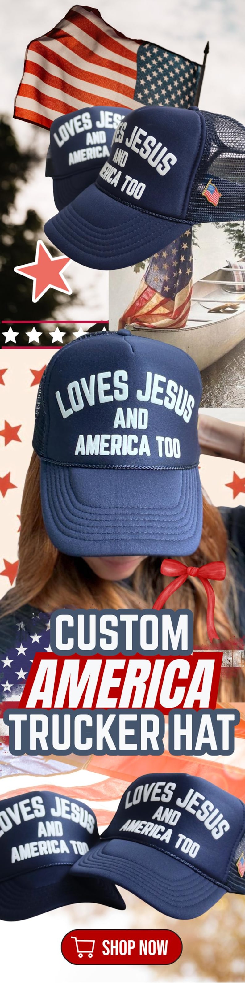 Custom Message Hat Premium Design Collection Retro Style Appeal Mesh Back Construction Adjustable Comfort Fit Statement Fashion Piece Summer Outdoor Essential Perfect Gift Choice Personal Expression Style Custom Text Options Quality Custom USA Trucker Hat for Christian Mesh Hat Retro Faith Hat for Fourth of July Loves Jesus and America Too Hat for Music Lover Gift Idea