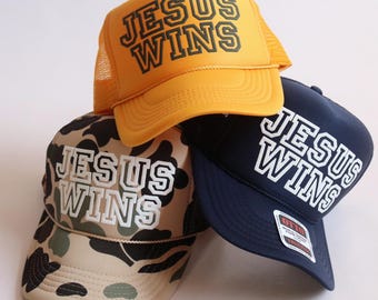 Jesus Wins Custom Trucker Hat for Game Day Christian Hat for Athlete Gift Idea Cute Hat for Women MenTeam Color Customization Sport Hat