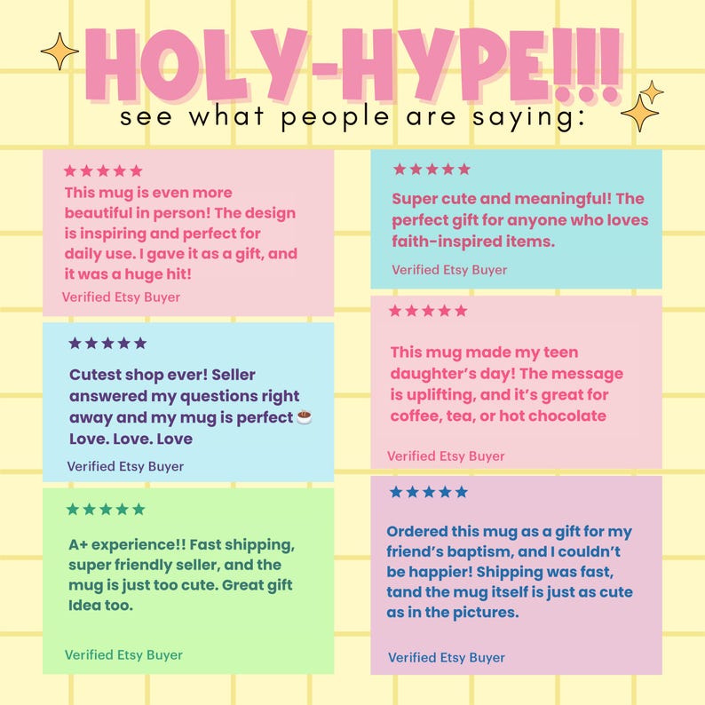 Bright, colorful advertisement image showing multiple customer reviews for the products.
