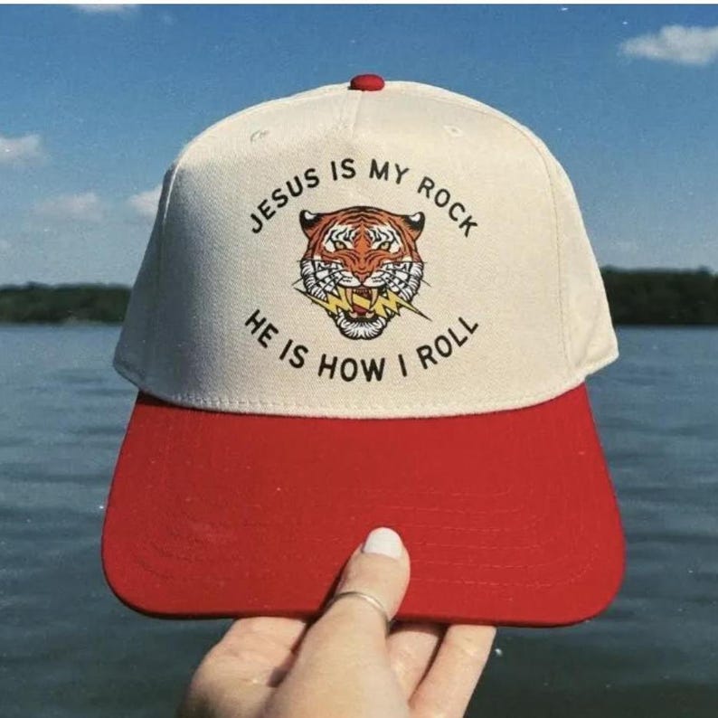 Christian Baseball Cap Christian Sports Headwear Natural Color Design Religious Activity Wear Perfect Teen Gift Mom Collection Tiger and Lightning Bolt Retro Design Red Bill Snapback Closure Outdoor Faith Based Athletic Apparel for Teen Christian