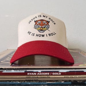 Cream and red Christian Baseball Hat with Jesus is My Rock He is how I Roll Message Faith Based Baseball Cap with Bible verse Hat for Christian Concert Streetwear Hat Trendy Christian Hat for Youth Group Religious Gift Idea for Teen Baseball Hat