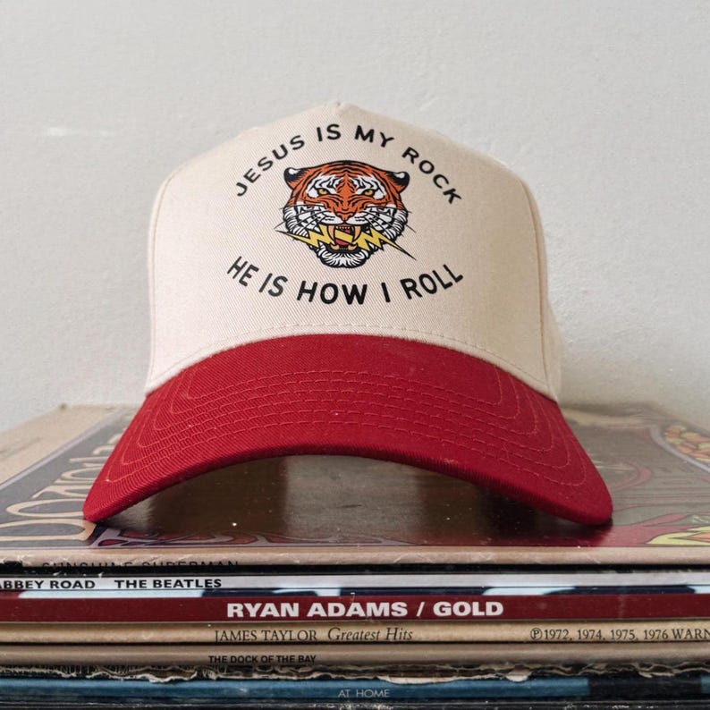 Cream and red Christian Baseball Hat with Jesus is My Rock He is how I Roll Message Faith Based Baseball Cap with Bible verse Hat for Christian Concert Streetwear Hat Trendy Christian Hat for Youth Group Religious Gift Idea for Teen Baseball Hat