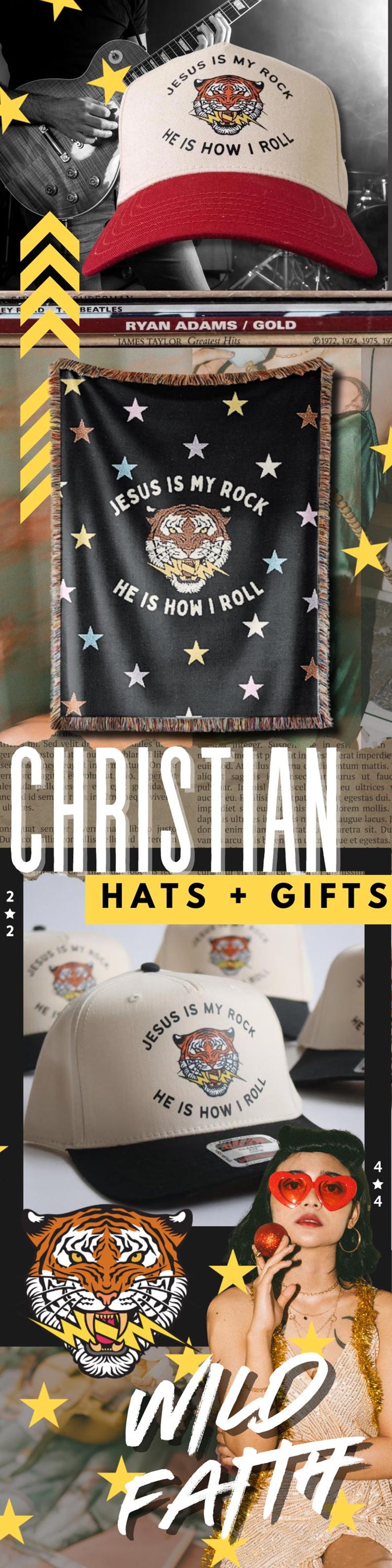 May include: A black and white woven tapestry with a tiger and stars. The tapestry says "Jesus is my rock, he is how I roll".