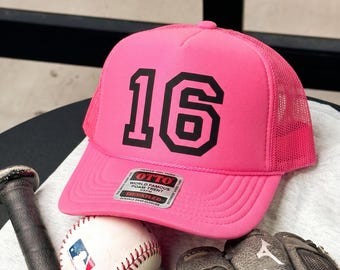 Custom Player Number Hat for Game Day Baseball Cap for Sports Mom Gift Personalized Puff Print Trucker Hat Softball Mom Ball Game Hat