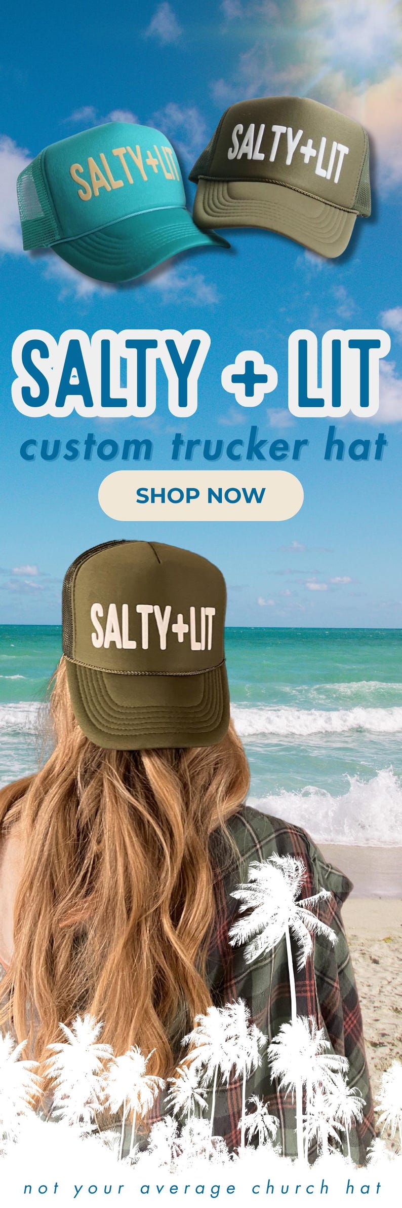 Custom Christian Trucker Hat with Salt and Light Design Beach Vibes Trucker Hat for Beach Day Hat for Mom Christian Gift Idea Youth Christian Headwear Modern Religious Fashion Trendy Faith Expression Adjustable Trucker Hat Teen Style Statement Custom Color Design Blessed Street Wear Cool Spiritual Gift Contemporary Christian Collection Fashion Forward Religious