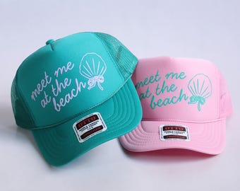 Meet Me at the Beach Trucker Hat with Seashell and Bow Custom Coastal Cowgirl Hat Summer Vacation Hat for Women Teen Girl Cute Beach Hat