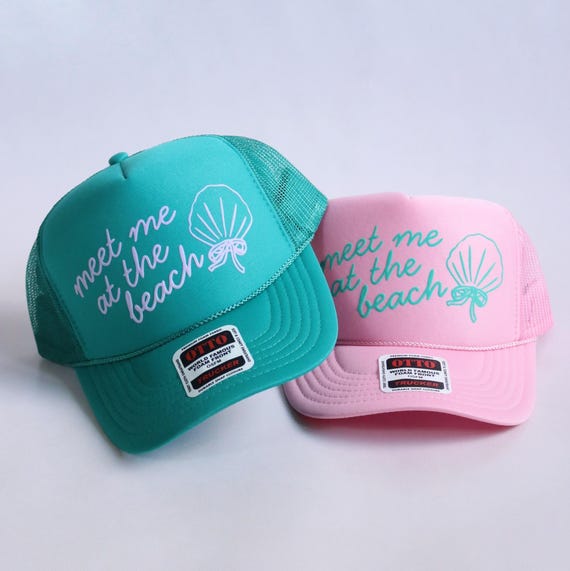 Meet Me at the Beach Trucker Hat with Seashell and Bow Custom Coastal Cowgirl Hat Summer Vacation Hat for Women Teen Girl Cute Beach Hat
