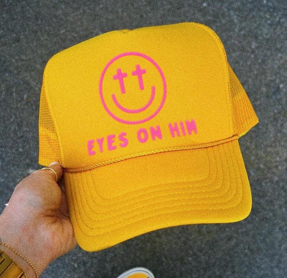 Custom Christian Hat for Youth Group Gift Idea Retro Jesus Hat Smiley Face Hat Religious Wear for Christian Women Y2K Cross Teen Trucker Hat
