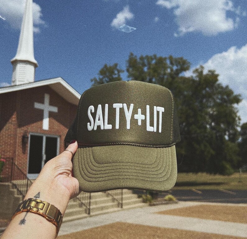 Green Trucker Hat with White Salt and Light Design Custom Christian Hat Street Style Christian Hat Youth Religious Fashion Modern Faith Design Trendy Blessed Headwear Teen Gift Collection Adjustable Trucker Cap Custom Color Options Spiritual Expression Piece Cool Christian Wear Contemporary Religious Statement