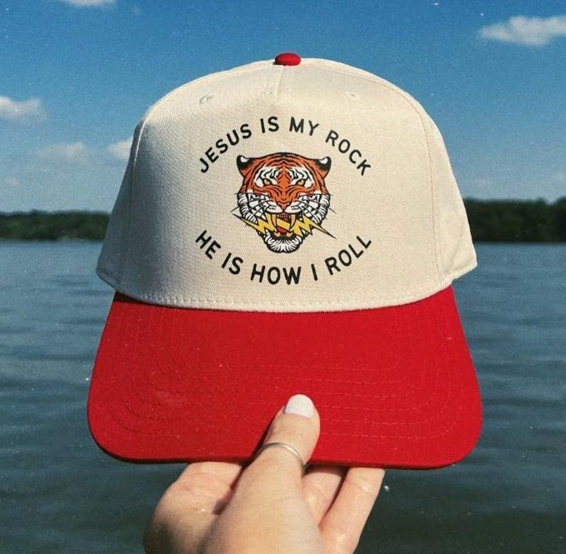 Red and White Christian Baseball Hat Religious Mom Gift Christian Baseball Cap Retro Tiger Design Teen Sports Collection Natural Color Red Bill Snapback Closure Rock and Roll Faith Based Headwear Concert Street Wear Athletic Apparel for Christian