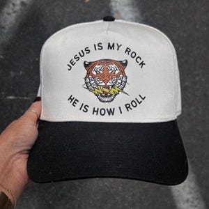 Religious Mom Gift Christian Baseball Cap Retro Tiger Design Teen Sports Collection Natural Color Black Bill Snapback Closure Jesus is my Rock He is how I Roll Faith Based Headwear Outdoor Activity Wear Athletic Apparel Rock and Roll Inspired Christian Hat