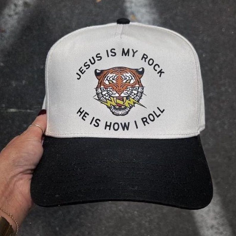 Religious Mom Gift Christian Baseball Cap Retro Tiger Design Teen Sports Collection Natural Color Black Bill Snapback Closure Jesus is my Rock He is how I Roll Faith Based Headwear Outdoor Activity Wear Athletic Apparel Rock and Roll Inspired Christian Hat