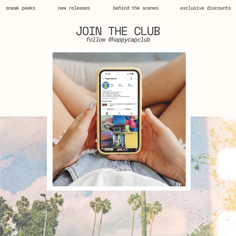 May include: A smartphone with a yellow case displaying the Instagram profile for happycapclub. The screen shows a grid of images, a profile picture with a blue and yellow logo, and the text JOIN THE CLUB and follow @happycapclub above.