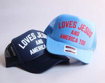 Custom USA Trucker Hat for Christian Mesh Hat Retro Faith Hat for Fourth of July Loves Jesus and America Too Hat for Music Lover Gift Idea