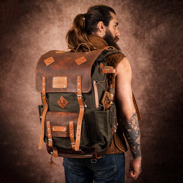 Waxed Canvas Backpack, Waterproof Backpack, Bushcraft Handmed Personalized Bag, 50L to 35L Size Options, Valentines Day Gift