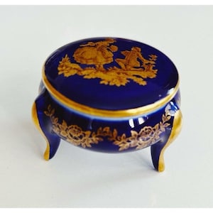 Vintage Limoges Porcelain Round Trinket Box in Blue and Gold Made in France