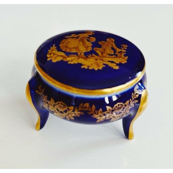ヴィンテージ リモージュ磁器 ラウンド型 小物入れ ブルー＆ゴールド