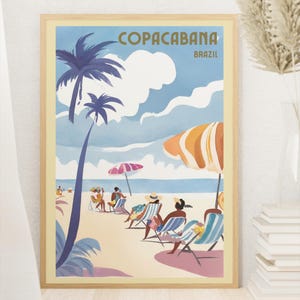 Copacabana Beach Poster - Colorful Travel Art - Leute auf Liegestühlen, Typografisches Design