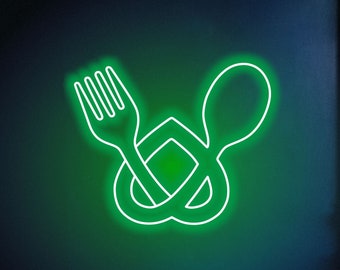 Neonowa tablica w kształcie widelca i łyżki do kawiarni lub restauracji. Tablica informacyjna dla firmy zajmującej się żywnością