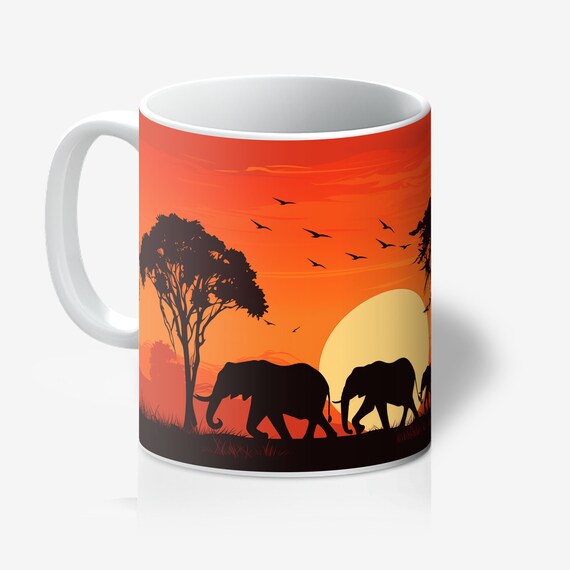 African Elephants Sunset Mug: Savannah Ceramic Coffee Cup (11oz)