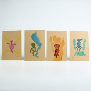 Set of 4 Weird Creatures Cards, handprinted, original designs, Upside-Down, Feminine, Inside, Crucified, sustainable paper, Lesvos Greece