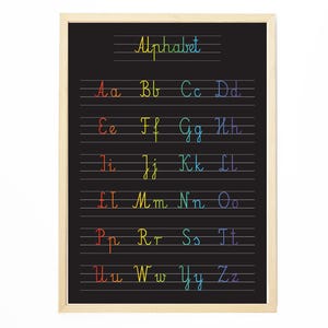 Może przedstawiać: Oprawiona tablica z napisem "Alphabet" w kolorowym, kursywnym skrypcie. Poniżej alfabet jest napisany wielkimi i małymi literami, każdy w innym kolorze. Rama jest w jasnym kolorze drewna.