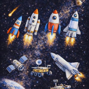 Może przedstawiać: Ilustracja przedstawiająca rakiety, prom kosmiczny i łaziki na tle gwiaździstego nieba. Obraz zawiera tekst "ROCKETS & SPACE" u góry. Rakiety mają płomienie, a łaziki koła.