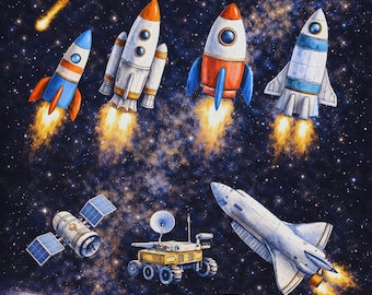 Rockets and Space Poster for Kids, Space Vehicles Wall Art, Galaxy Nursery Decor, Educational Printable