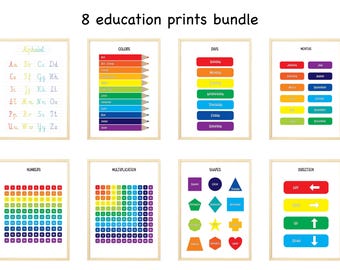 Rainbow Educational Posters Set for Kids | ABC, Numbers, Colors, Days, Months, Shapes, Multiplication & Directions | Printable Wall Art