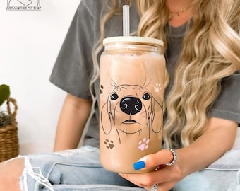 Custom Pet Portrait Glass Can with Bamboo Lid: Personalized Dog Mom Iced Coffee Cup