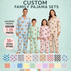 May include: Custom family pajama sets featuring button-down shirts and matching pants with various dog breed patterns. The image displays text including CUSTOM FAMILY PAJAMA SETS, UNLIMITED PROOFS, CUSTOM 1-20 PHOTOS, and 30+ DESIGN OPTIONS.
