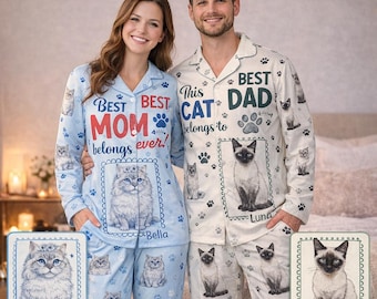 Cat Owners Custom Pajama Set – Personalized Cat Photo Pajamas Gift for Cat Mom Dad