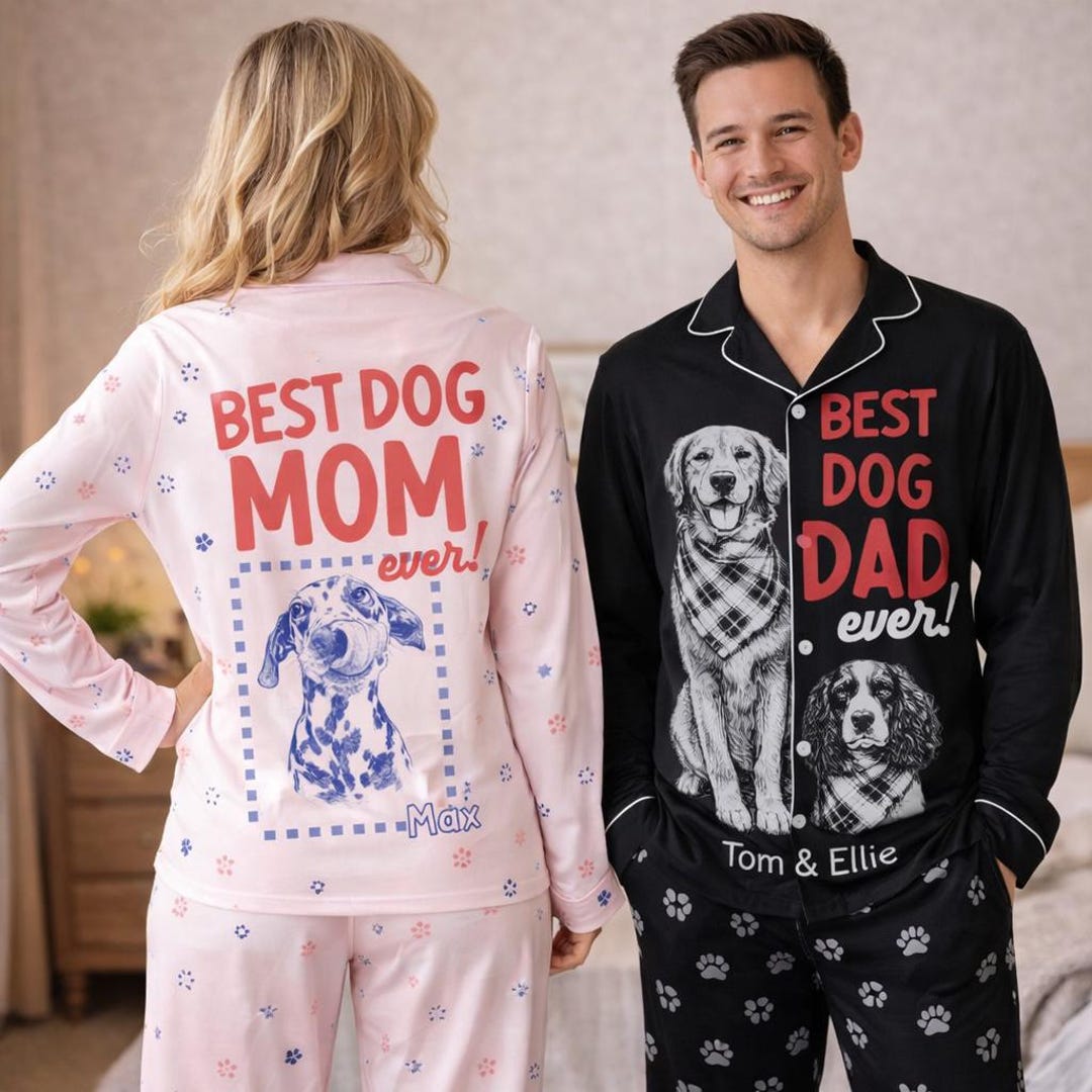 Dog Mom Dad Custom Pajama Set – Personalized Pet Portrait Sleepwear ...