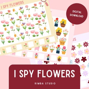 I Spy Game Flower Spring voor kinderen, peuteractiviteit, leuk leren voor kleuters, kijken en vinden, afdrukbaar werkblad van de partij tellen