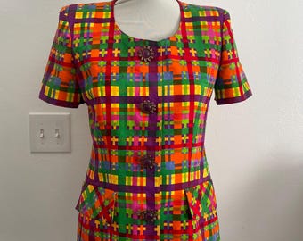 David Warren Vintage Women Suit Jacket 6 Colorful Plaid Short Sleeves 60s 70s