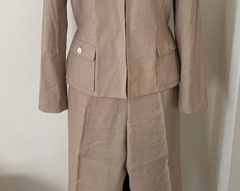 Vintage Talbots Women Pant Suit 8 Tan Linen Blend Belted Business Casual Neutral