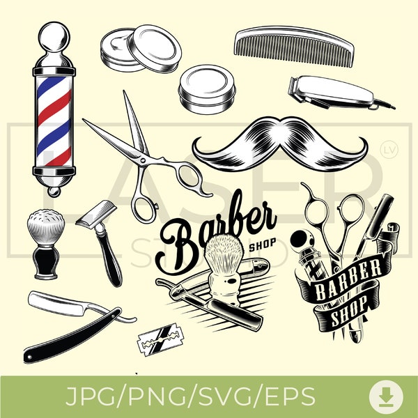 Bundle of Barber accessories, Barber shop project, Digital download, DIY, Svg, Png, Jpg, Eps, Pdf,