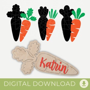 May include: A digital download of a wood cutout of a carrot with the name Katrin written on it. The cutout is in a light brown color with a red name. There are also three black and orange carrot silhouettes.