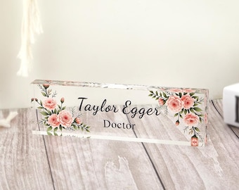 Personalized Name Plate for Desk, Personalized Name Sign Acrylic Plaque, Custom Office Decor, Flower Nameplate Sign,Desk Plaque,Office Decor