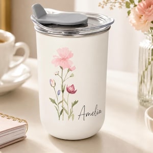 Personalized Stainless Steel Tumbler with Name and Flower,Custom Insulated Travel Mug with Lid,Bridesmaid Gift,Wedding Party Favor Cup