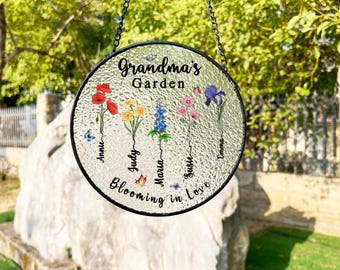 Personalized Grandma's Garden Gift For Grandma, Nana Birth Month Flower Stain Glass Suncatcher, Mother's Day Gift For Grandma, Grandma Gift