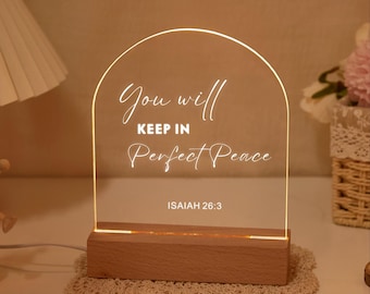 Lámpara de noche personalizada con versículo bíblico, lámpara LED cristiana personalizada, decoración religiosa, luz con versículo bíblico y base de madera, regalo para nuevo hogar