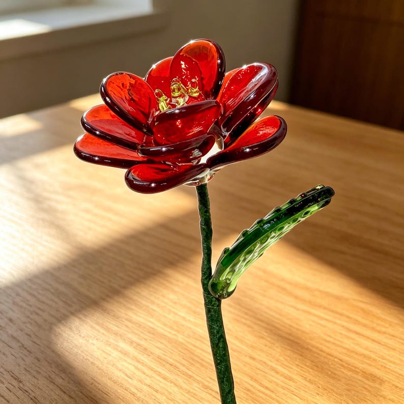 May include: A handcrafted glass flower sculpture with a vibrant red bloom and a green stem and leaf. The petals are a deep red, and the stem is a textured green. The flower is a decorative art piece.