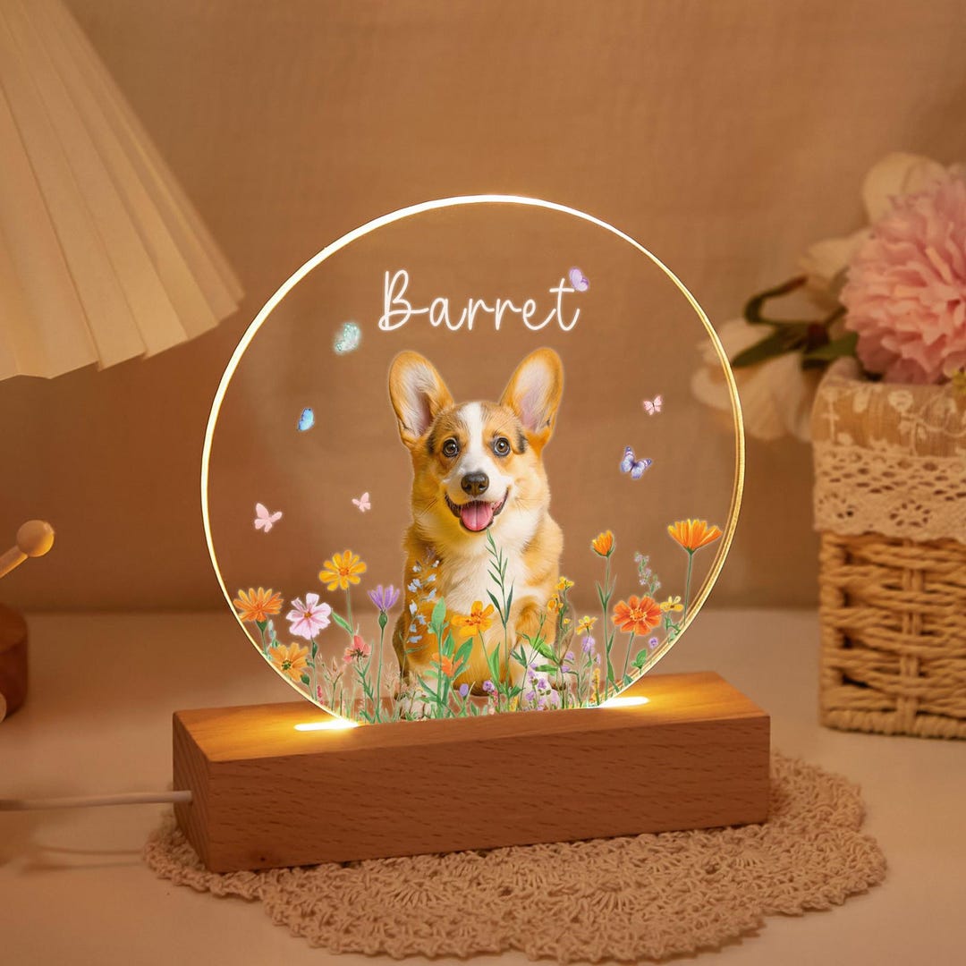 Personalized Pet Photo Memorial Night Light With Flower,dog Cat Loss ...