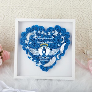 Op de afbeelding: Een ingelijst, hartvormig gedenkkunstwerk. Het hart bestaat uit blauwe rozen en is versierd met witte vlinders, veren en engelen vleugels. De tekst bevat "Carried for a moment, Loved for a lifetime" en een datum.