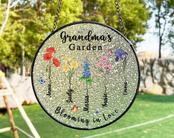 Customized Nana's Garden Stained Glass Suncatcher, With Kid's Name Stain Glass Window Hanging Sun Catcher, Grandma Gifts for Mother's Day
